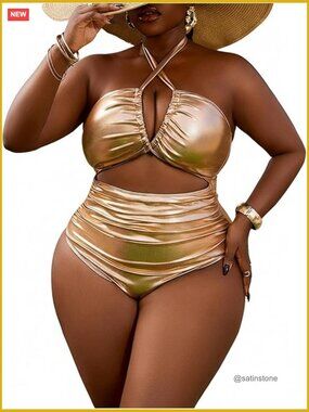 Plus Size Metallic One Piece Swimsuit Criss Cross Cut Out Halter Monokini